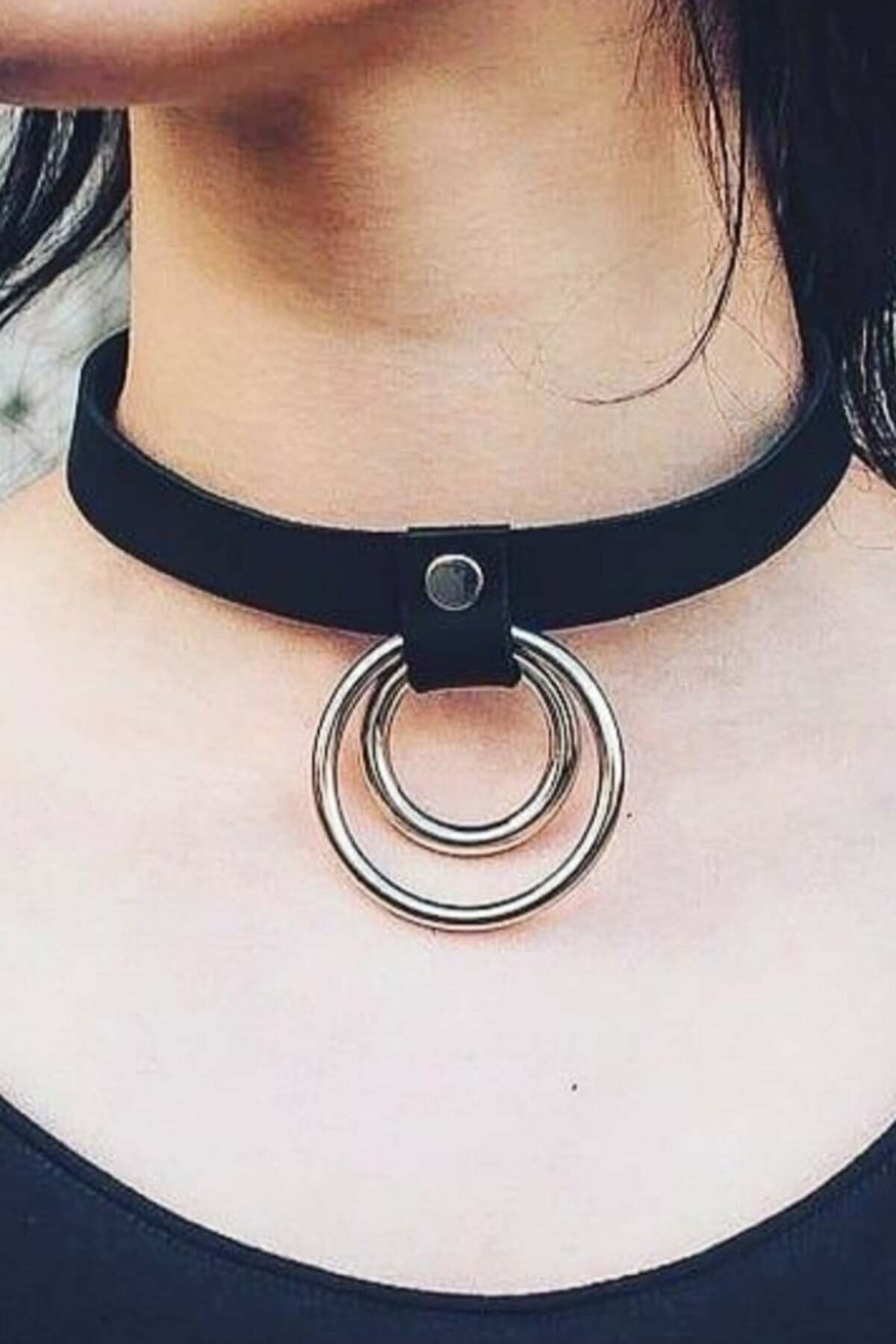 İnce Şerit Halka Detaylı Ayarlı Şık Deri Choker - APFT685