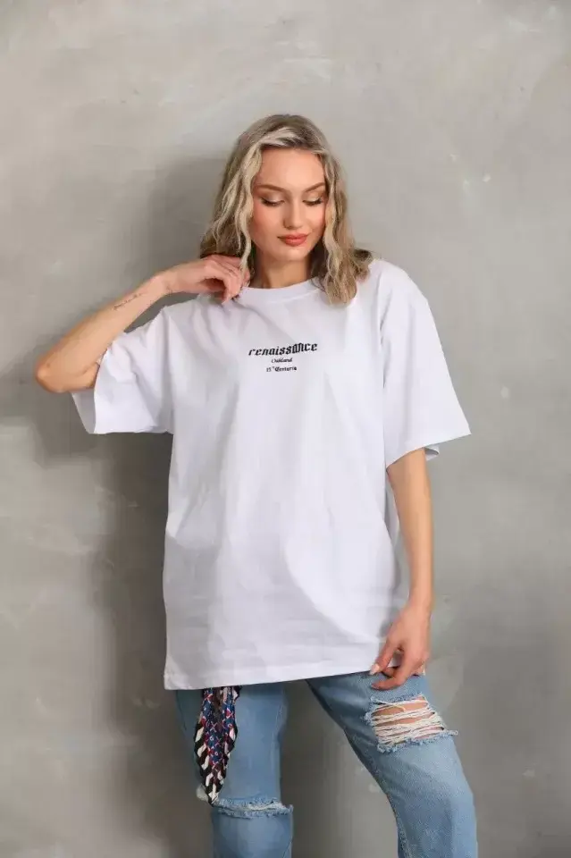 Unisex Baskılı Oversize T-Shirt - Beyaz - S