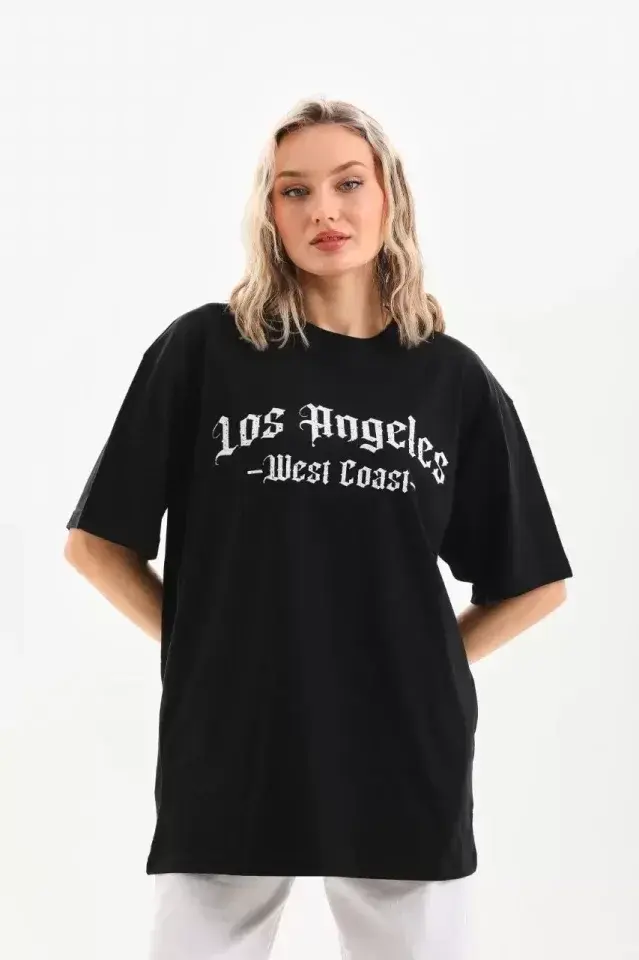 Unisex Baskılı Oversize T-Shirt - Siyah