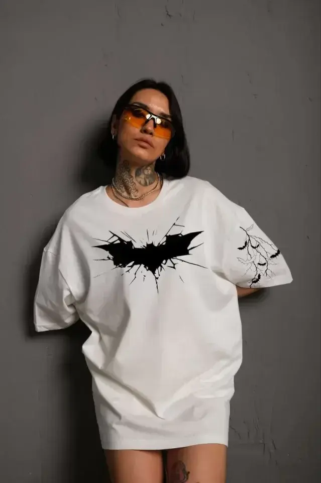 Unisex Ön Ve Kol Baskılı Oversize T-shirt - Beyaz - S