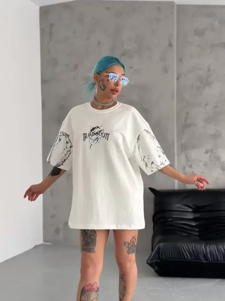 Unisex Bisiklet Yaka Baskılı Oversize T-Shirt - Beyaz - S