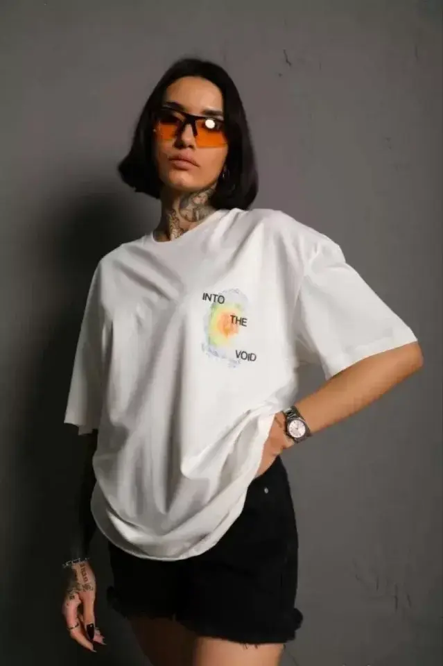 Unisex Bisiklet Yaka Baskılı Oversize T-Shirt - Beyaz - S