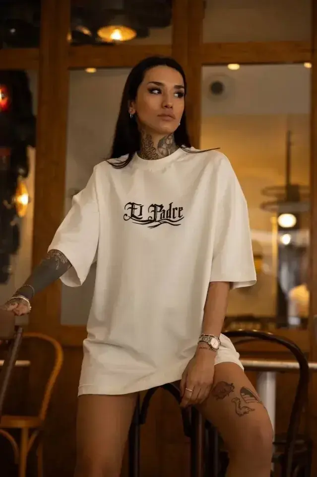 Unisex Bisiklet Yaka Baskılı Oversize T-Shirt - Beyaz - S