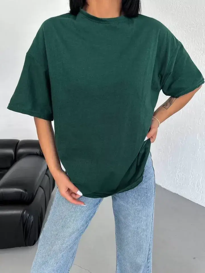 Unisex Düz Biskilet Yaka Oversize T-shirt - Haki