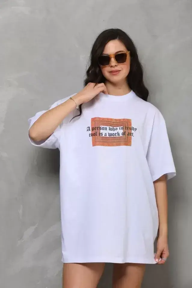 Unisex Bisiklet Yaka Baskılı Oversize T-Shirt - Beyaz