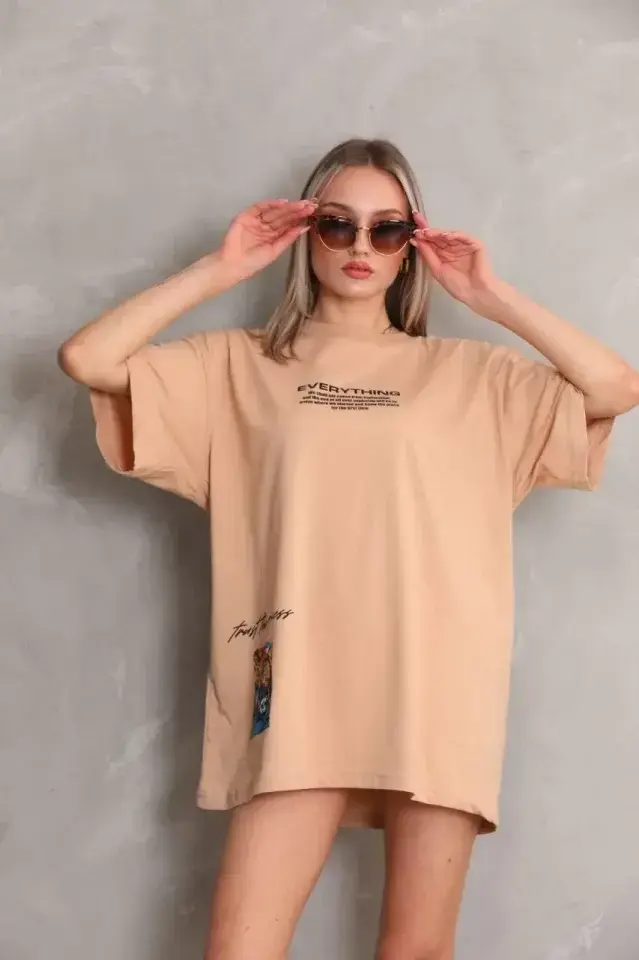 Unisex Bisiklet Yaka Baskılı Oversize T-Shirt - Bej