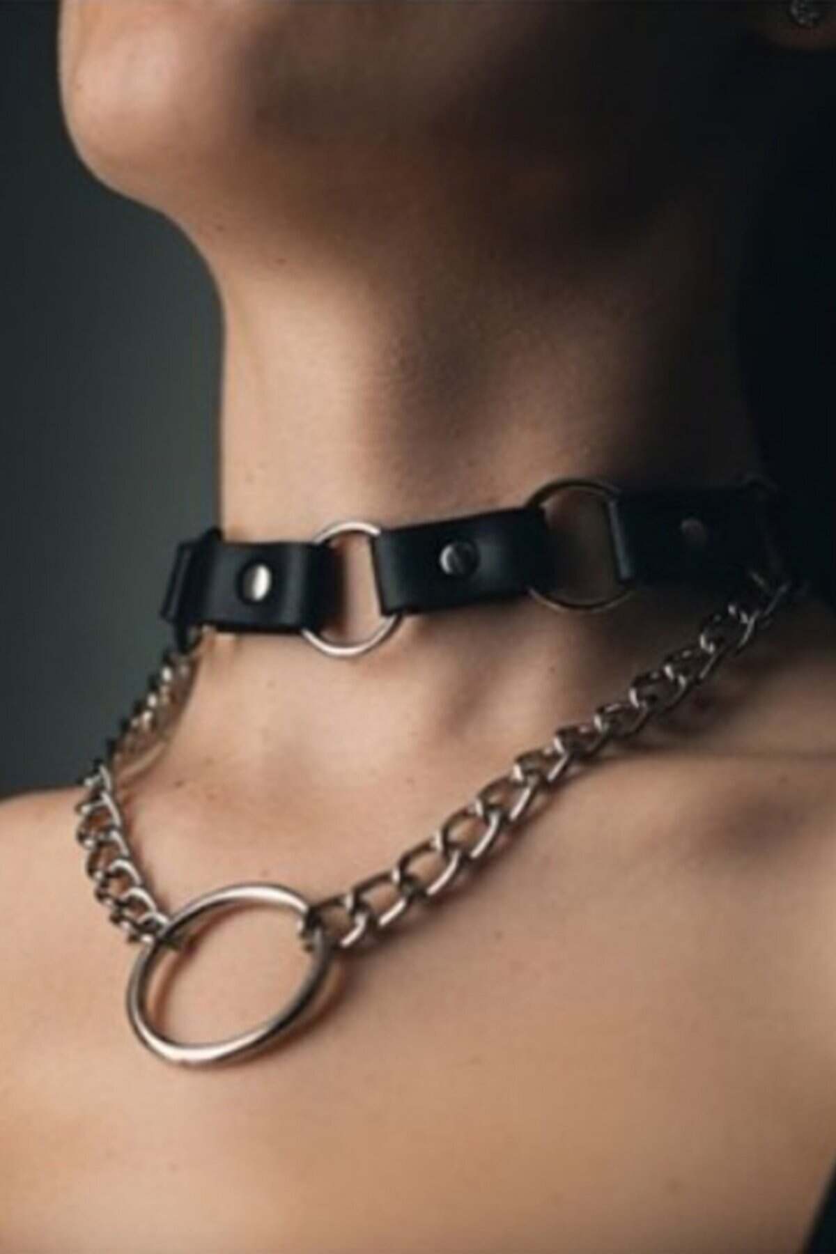 Zincir Ve Halka Detaylı Şık Deri Choker - APFT665