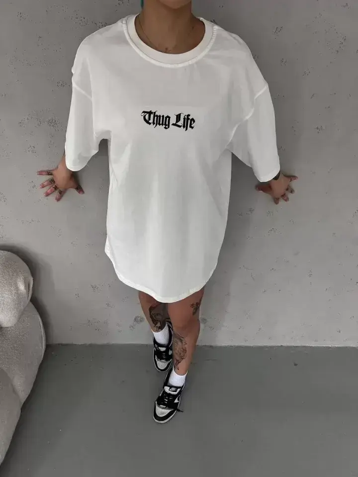 Unisex Bisiklet Yaka Baskılı Oversize T-Shirt - Beyaz