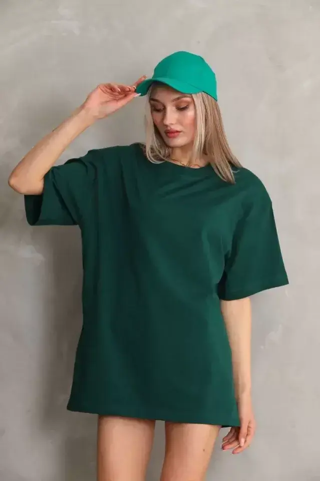 Unisex Bisiklet Yaka 20/1 Düz Oversize T-Shirt - Yeşil