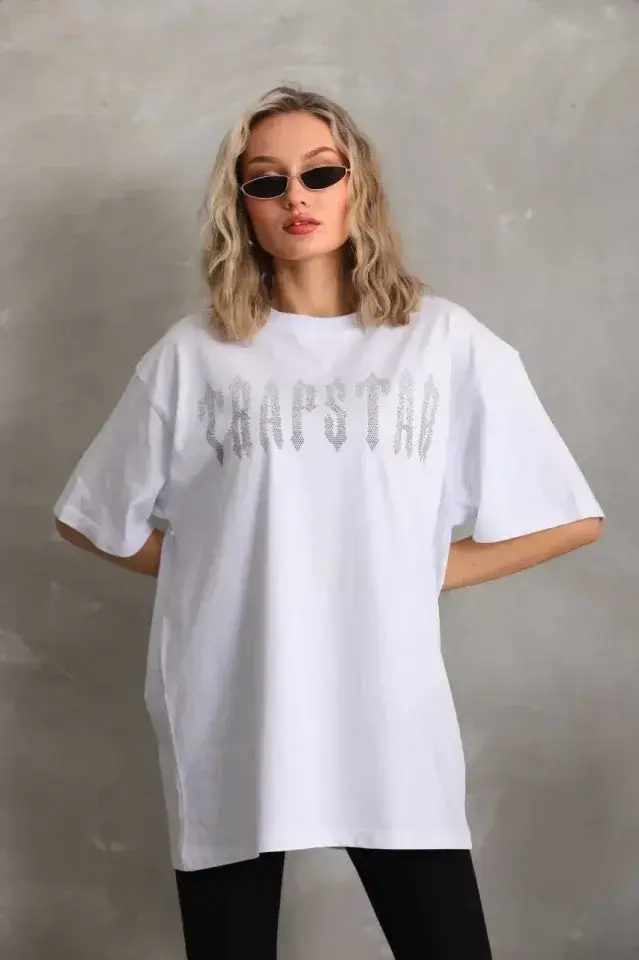 Unisex Taş Desenli Oversize T-Shirt - Beyaz - S