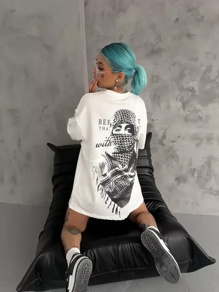 Unisex Baskılı Oversize T-Shirt - Beyaz - S