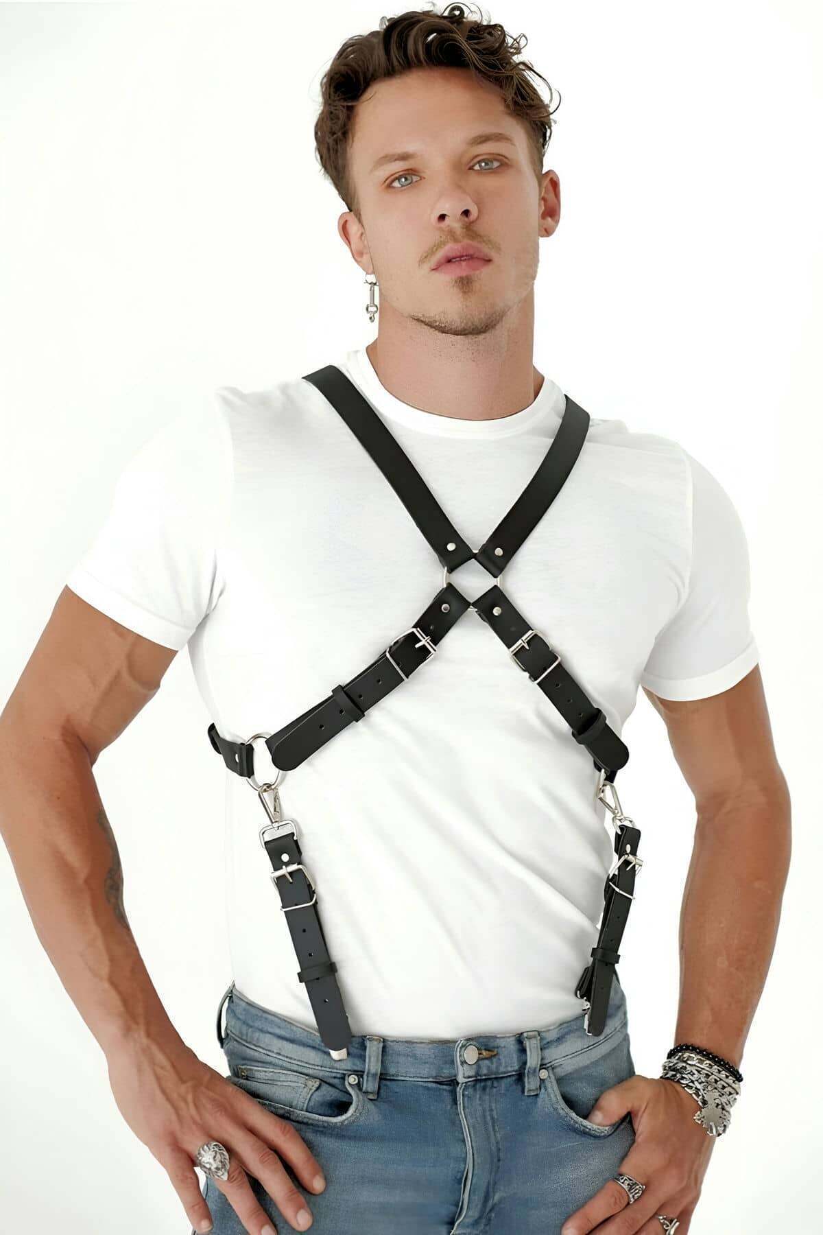 Göğüs Detaylı Arkadan Bağlamalı Erkek Deri Harness - APFTM84