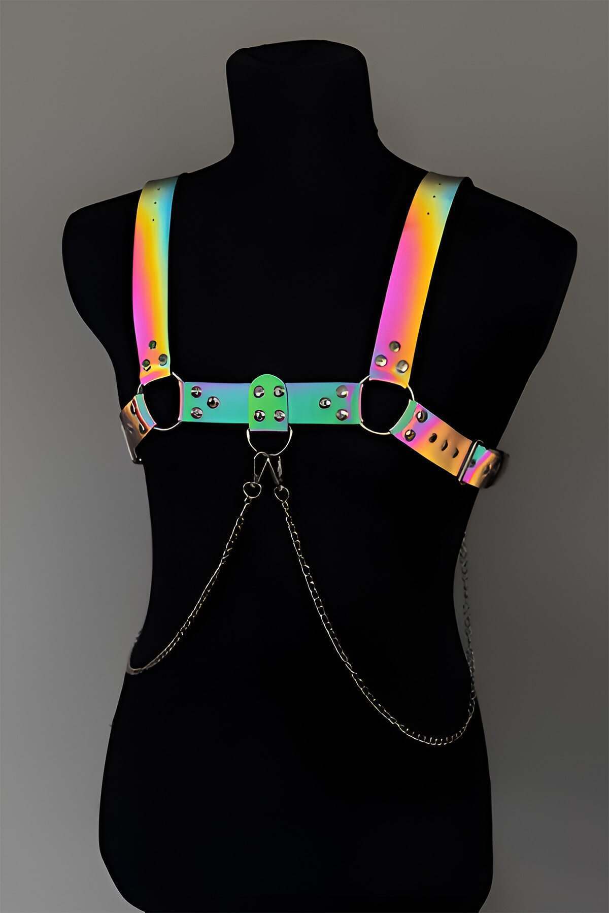 Rainbow Reflektörlü (Karanlıkta Parlayan) Zincir Detaylı Şık Erkek Göğüs Harness, Reflektörlü Clubwear - APFTM109