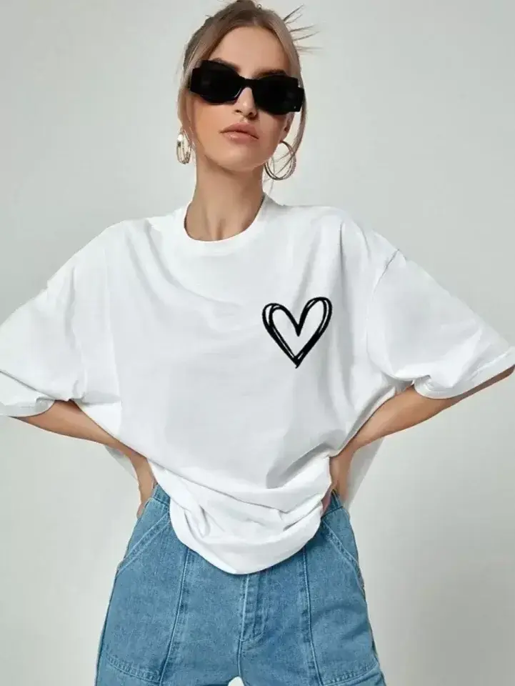 Bisiklet Yaka Baskılı Oversize T-Shirt - Beyaz - S