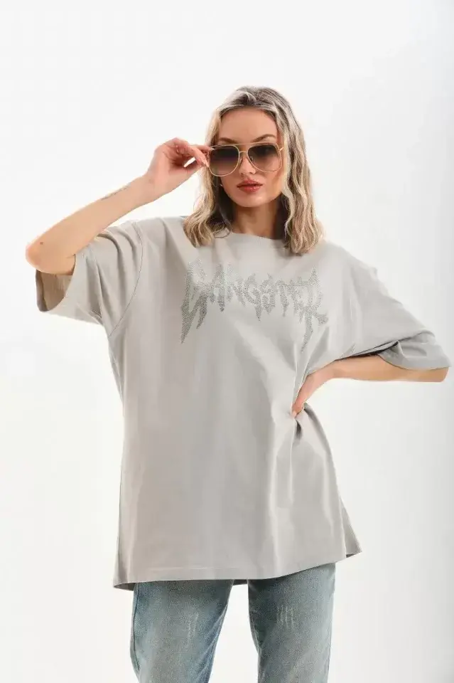 Unisex Taş Desenli Oversize T-Shirt - Gri - S