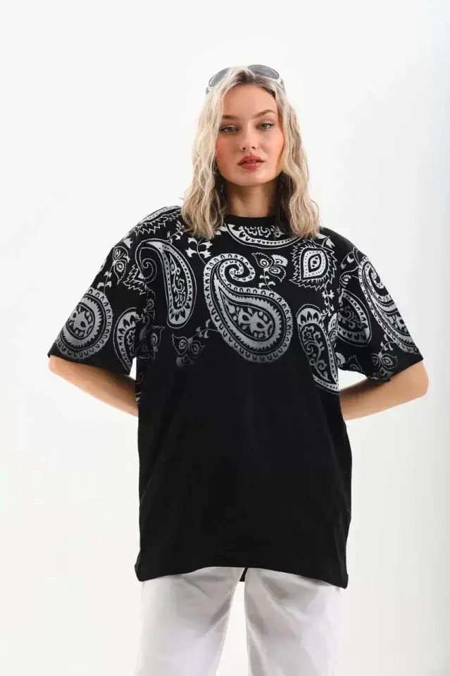 Unisex Baskılı Oversize T-Shirt - Siyah