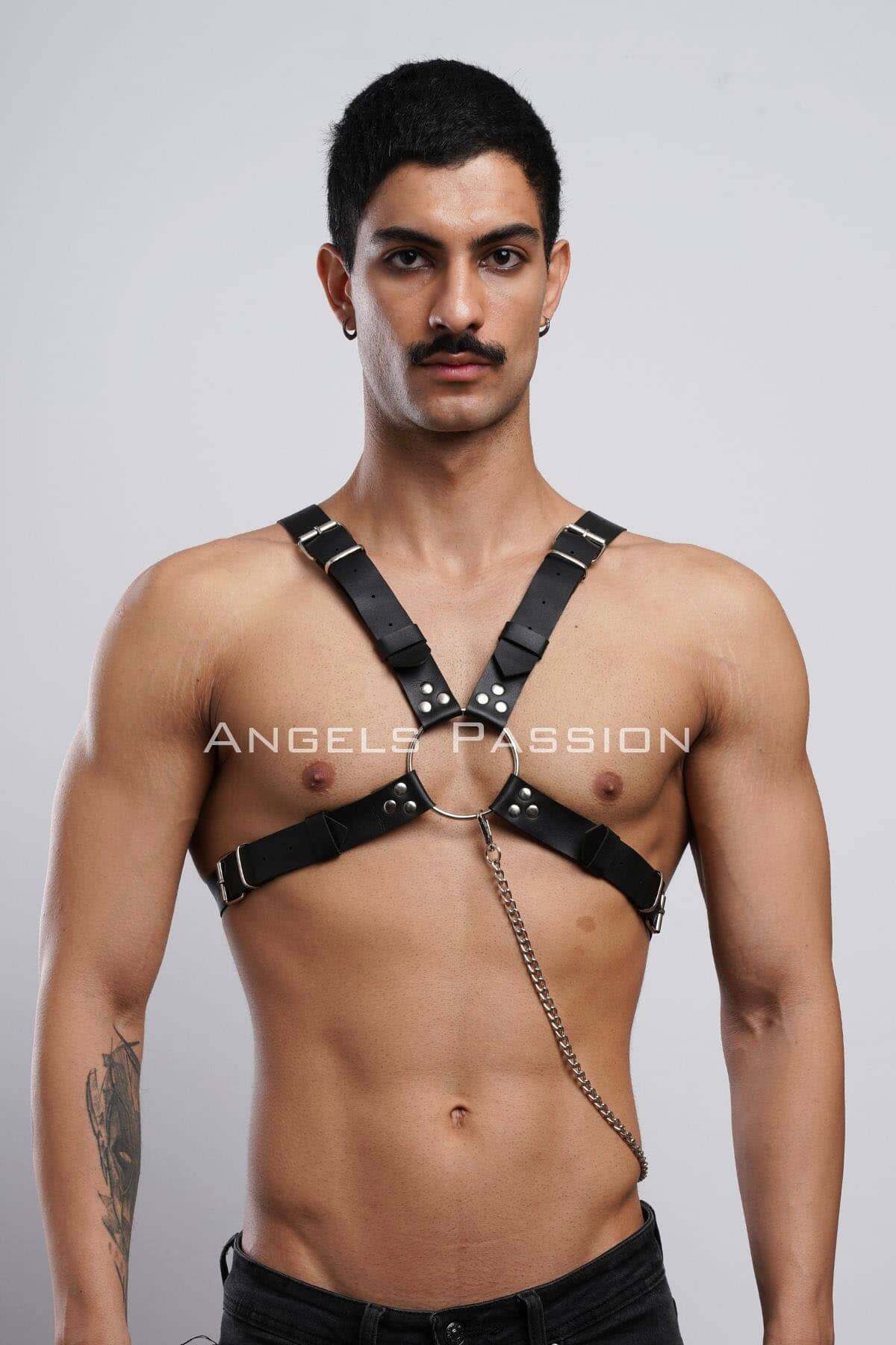 Zincir Detaylı Deri Erkek Göğüs Harness, Partywear, Clubwear - APFTM95