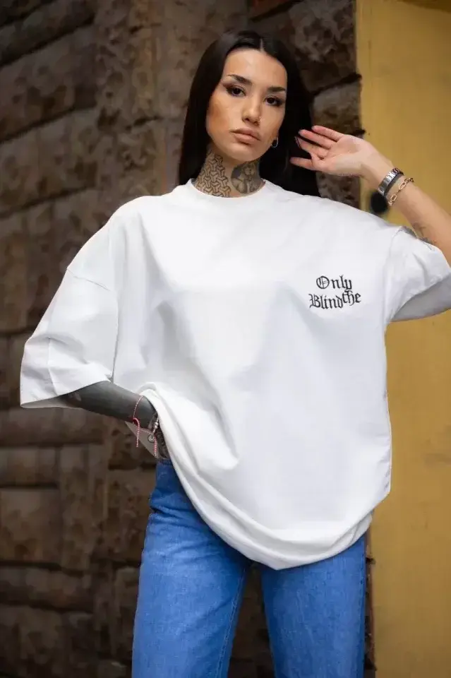 Unisex Bisiklet Yaka Baskılı Oversize T-Shirt - Beyaz - S