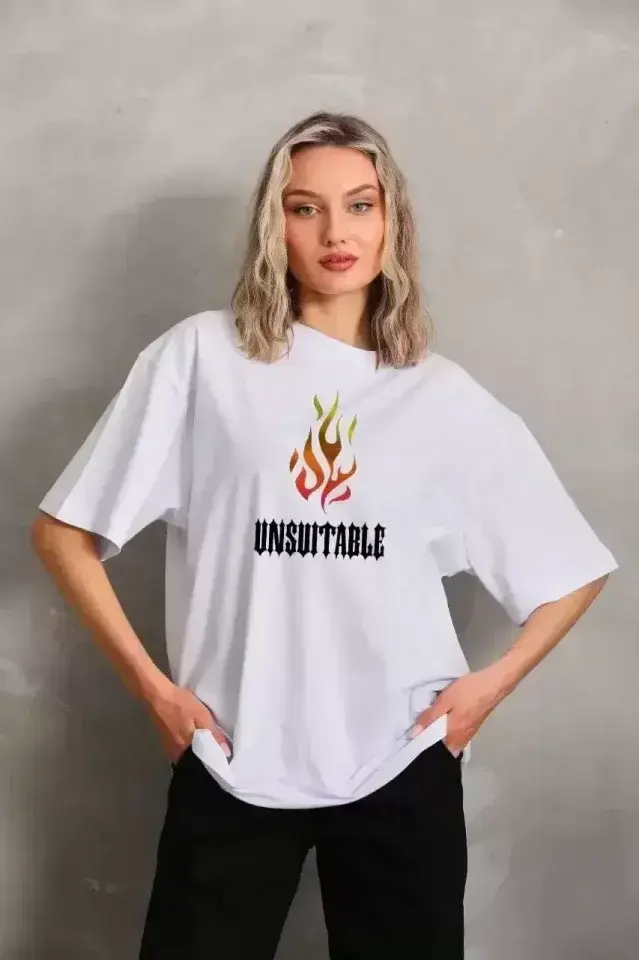 Unisex Bisiklet Yaka Baskılı Oversize T-Shirt - Beyaz - S