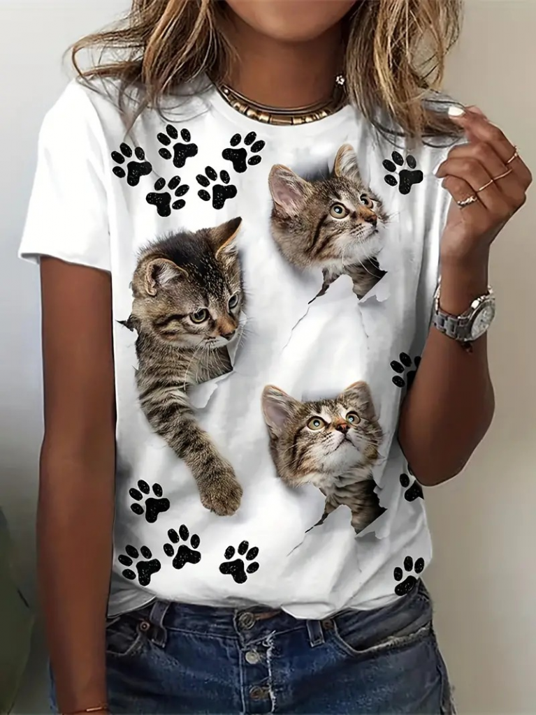 Kadın Kısa Kollu Kedi Ve Pati Baskılı Süprem T-shirt