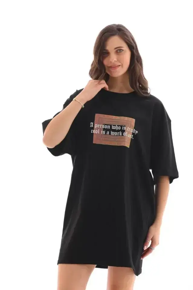 Unisex Bisiklet Yaka Baskılı Oversize T-Shirt - Siyah