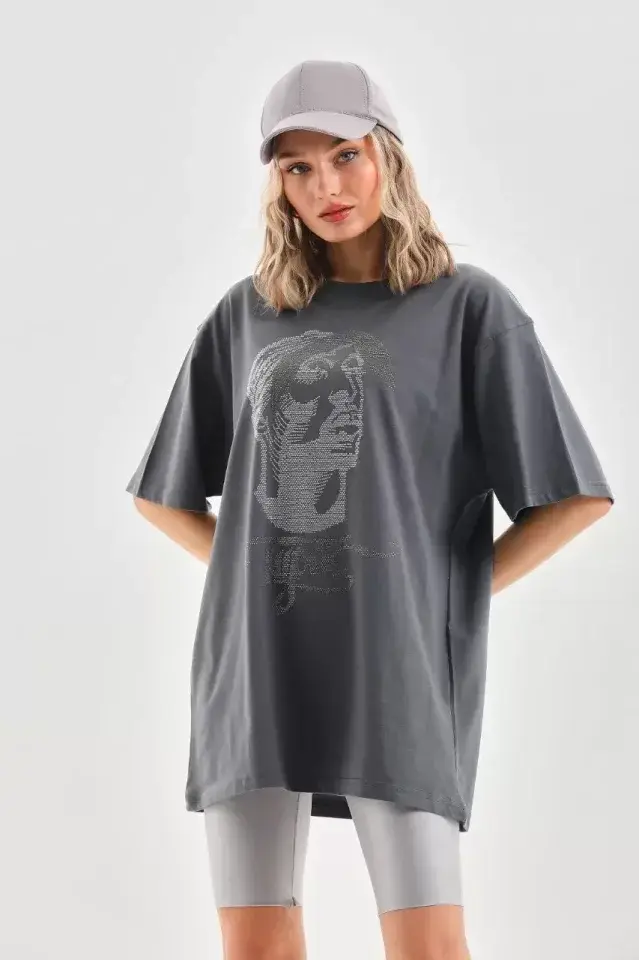 Unisex Taş Desenli Oversize T-Shirt - Füme - S