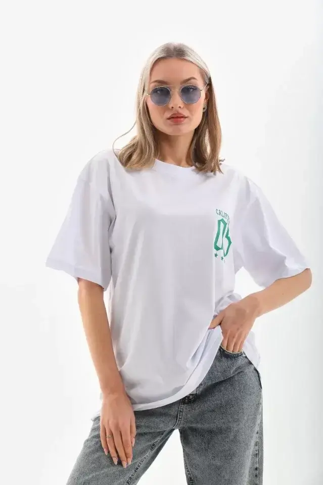 Unisex Baskılı Oversize T-Shirt - Beyaz - S