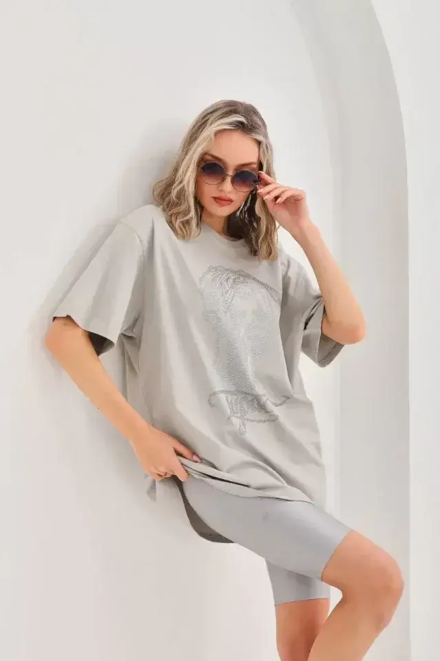 Unisex Taş Desenli Oversize T-Shirt - Gri - S