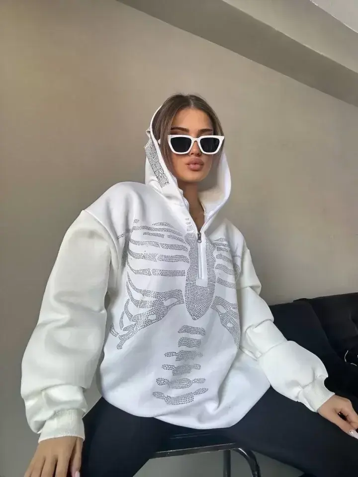 Taşlı Zip Kapüşonlu Sweatshirt - Beyaz