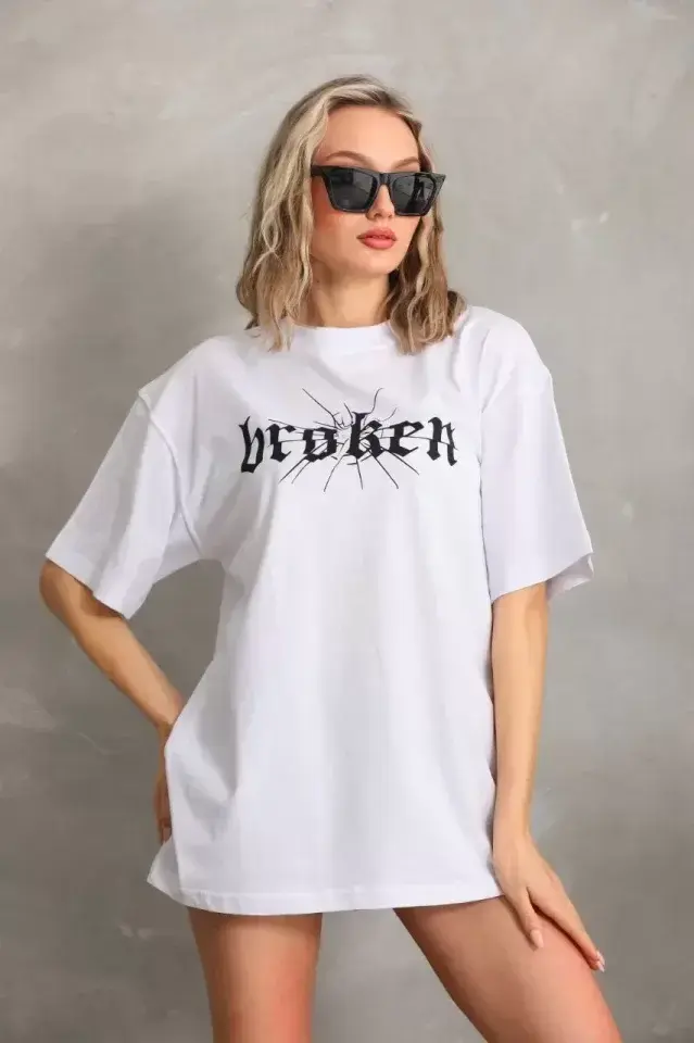 Unisex Baskılı Oversize T-Shirt - Beyaz - S